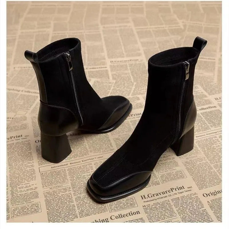 Botas de mujer de moda con plataforma impermeable y cremallera lateral de color sólido con cabeza cuadrada de primavera y otoño.™