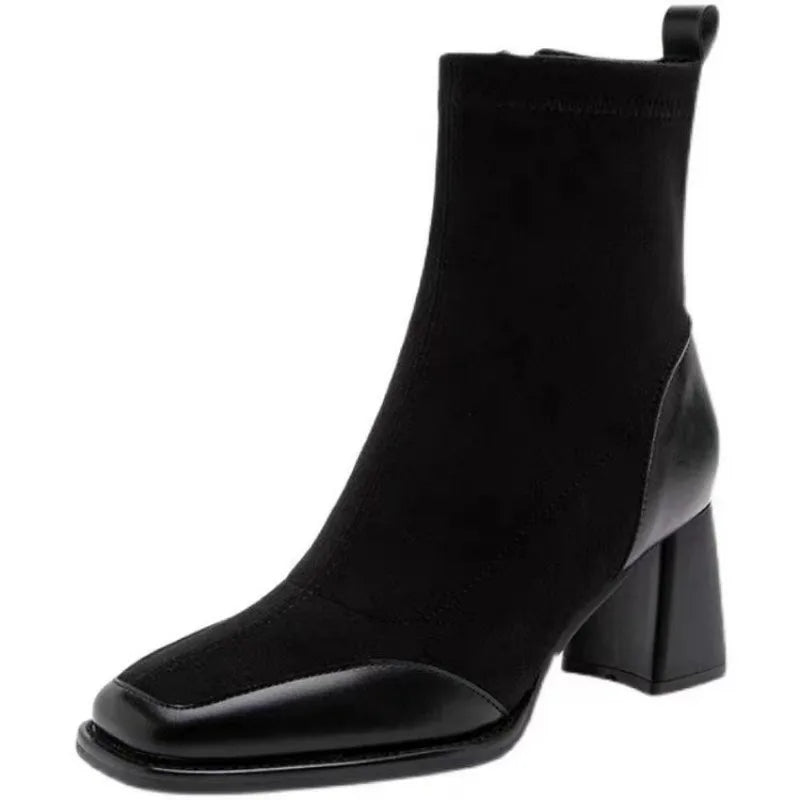 Botas de mujer de moda con plataforma impermeable y cremallera lateral de color sólido con cabeza cuadrada de primavera y otoño.™