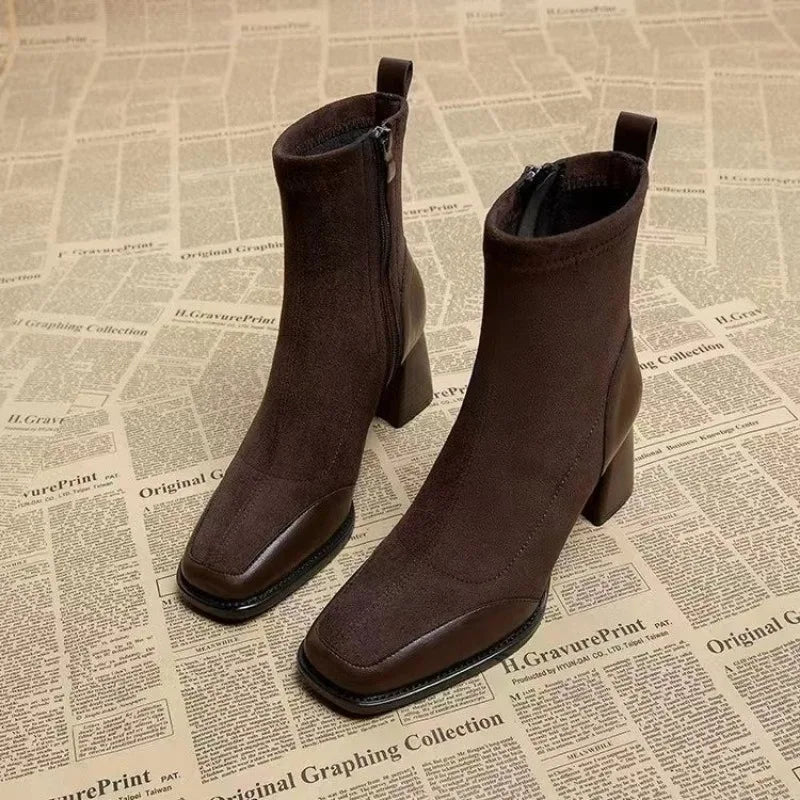 Botas de mujer de moda con plataforma impermeable y cremallera lateral de color sólido con cabeza cuadrada de primavera y otoño.™